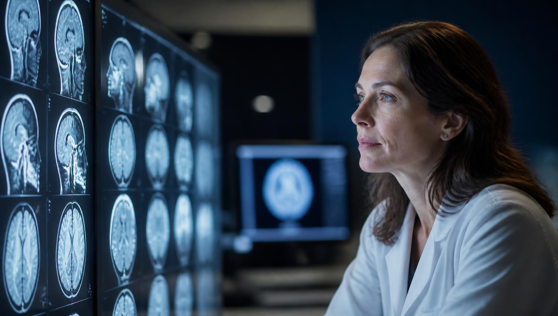 Clinical researcher reviewing brain MRI and CT studies in a neuroimaging reading room
